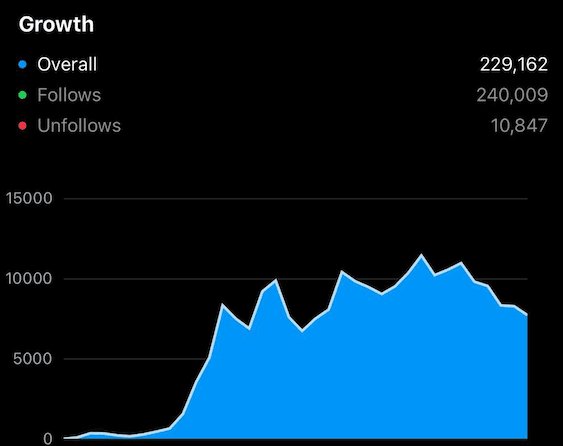 Instagram growth analytics showing 229,162 net new followers