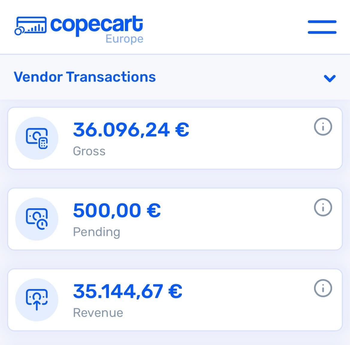 Payout dashboard showing 36,096 euro gross
