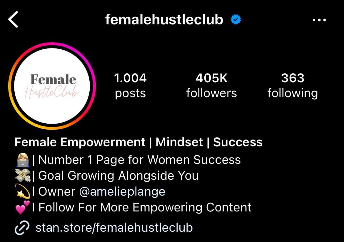 @femalehustleclub Instagram profile with 405K followers