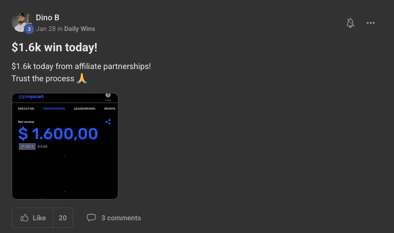 Skool post: Dino makes $1,600 in a day from affiliate partnerships