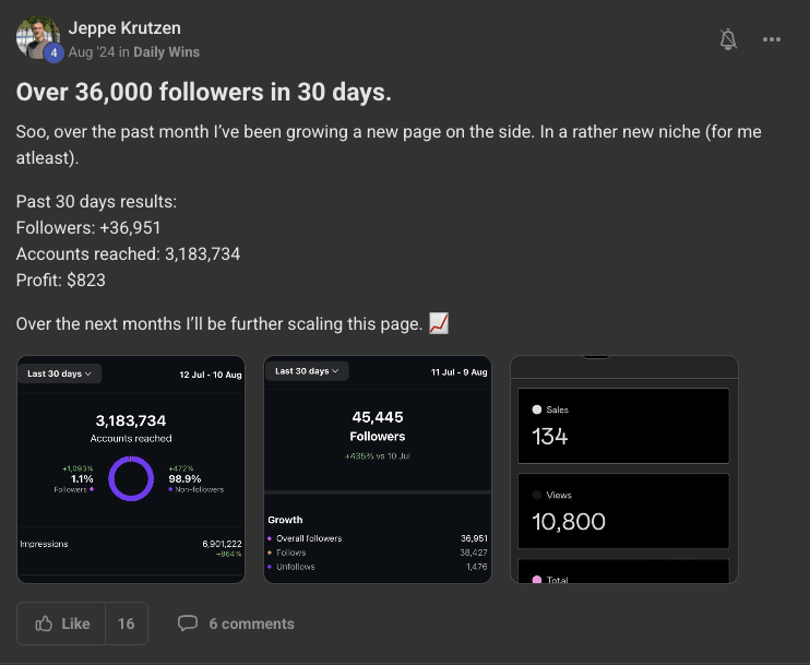 Skool post: Jeppe grew a page by 36,951 followers in 30 days