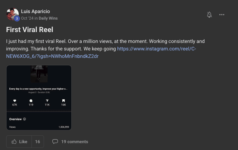 Skool post: Luis hits his first viral reel with over a million views
