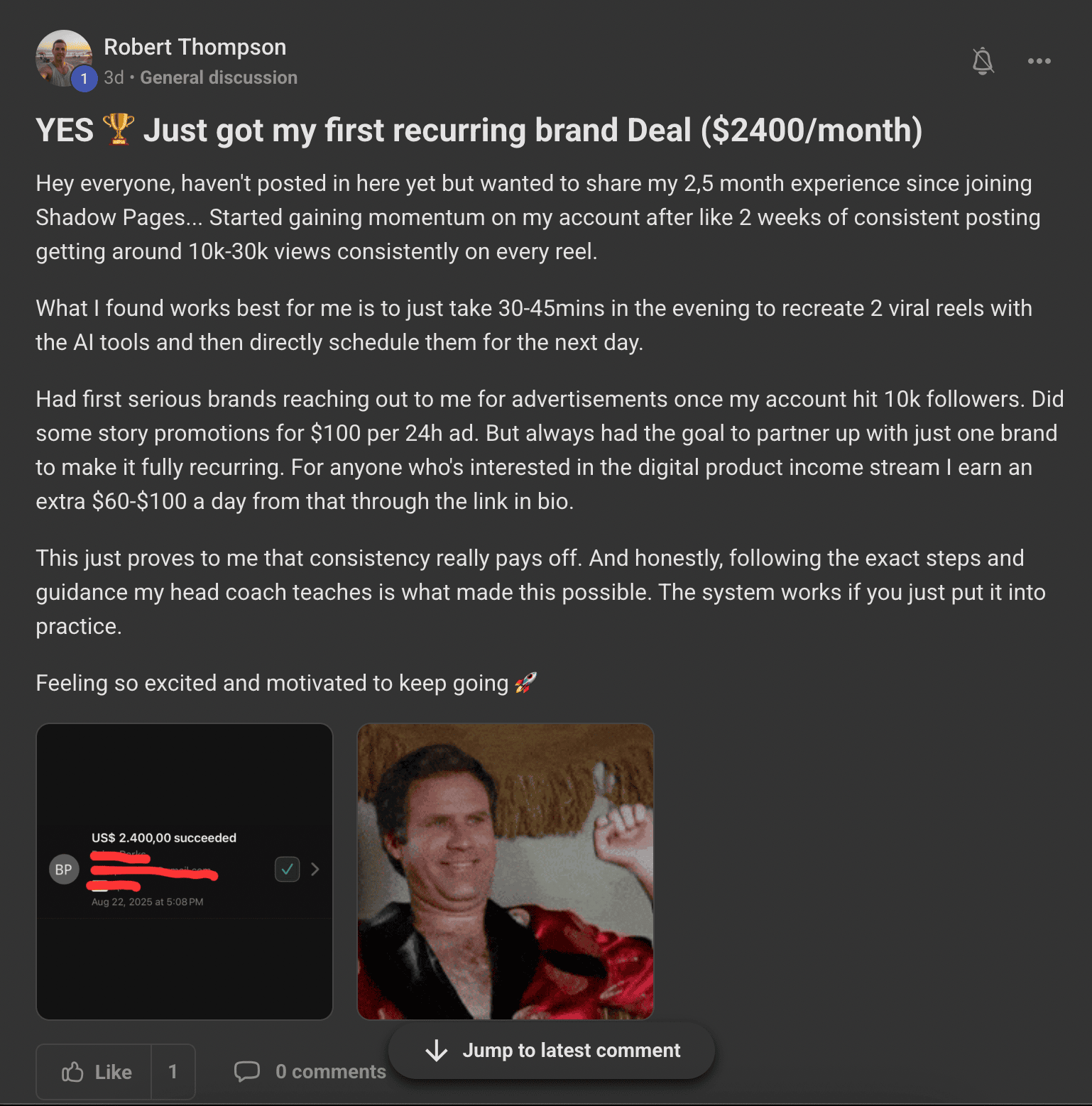 Skool post: Robert lands his first recurring brand deal at $2,400 a month