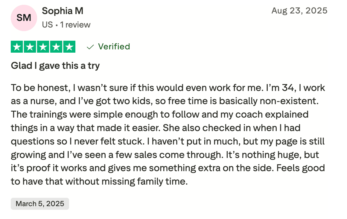 TrustPilot review from Sophia M, 5 stars, verified