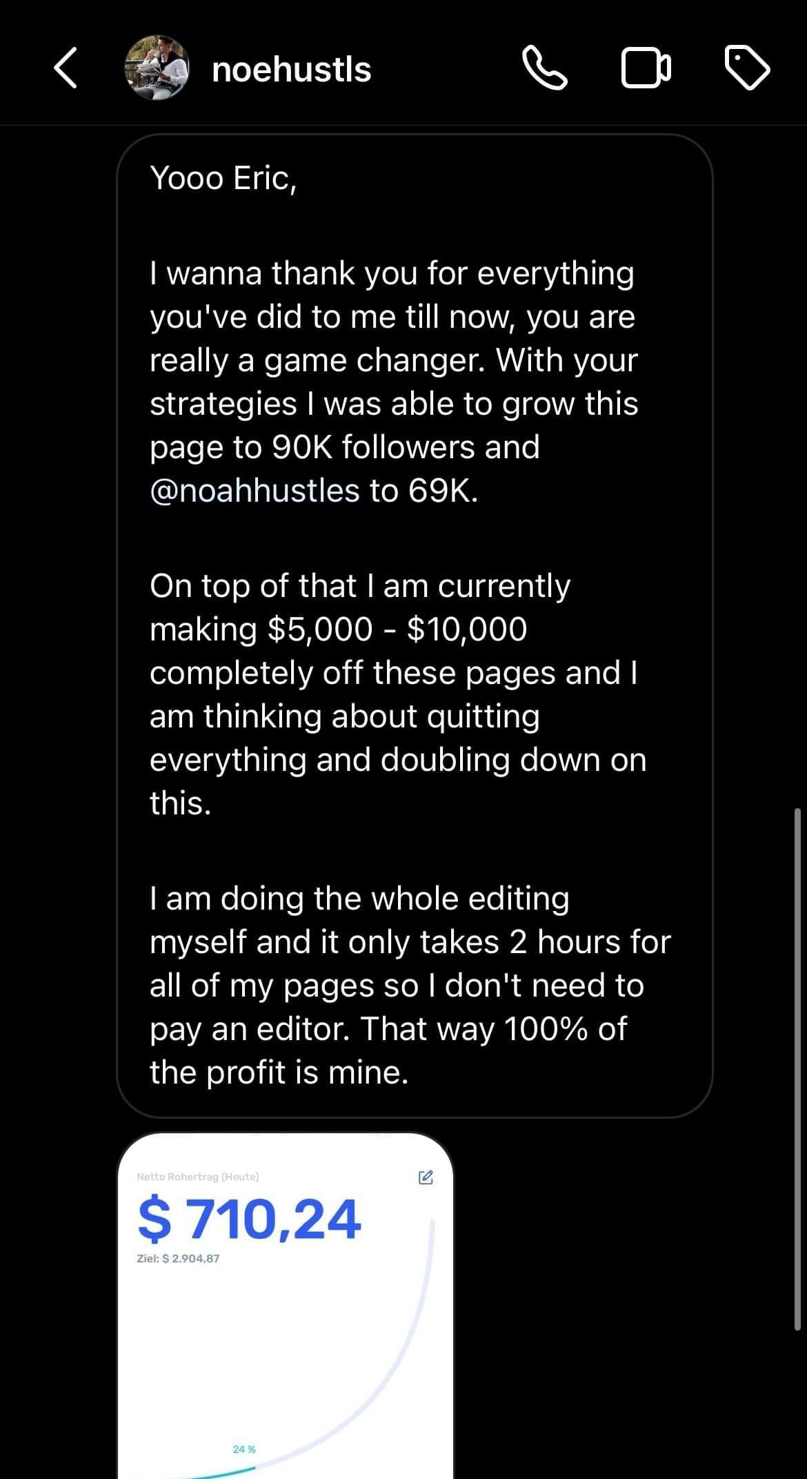 Message from Ethan reporting 90K followers and $5,000 to $10,000 per month