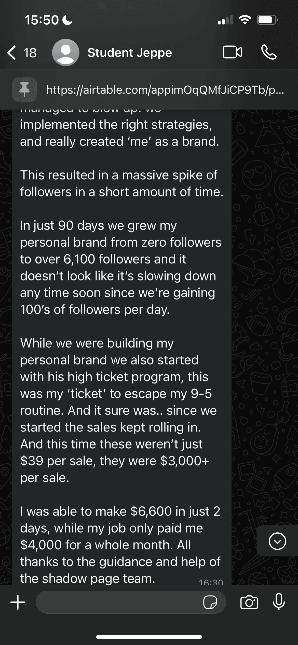 Message from Jeppe reporting 6,100 followers in 90 days and 6,600 dollars in 2 days