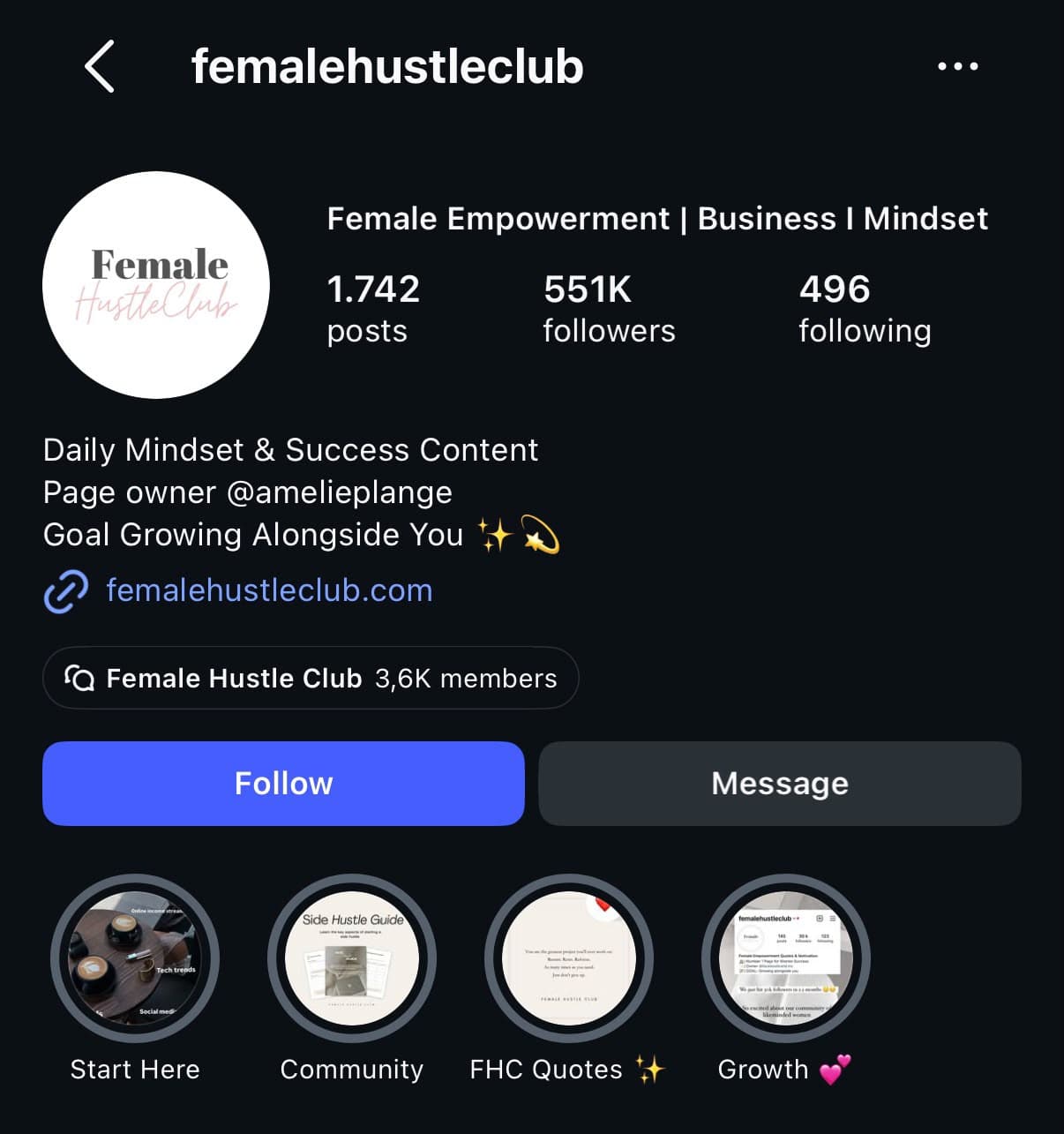 @femalehustleclub Instagram profile, page owner @amelieplange, 551K followers