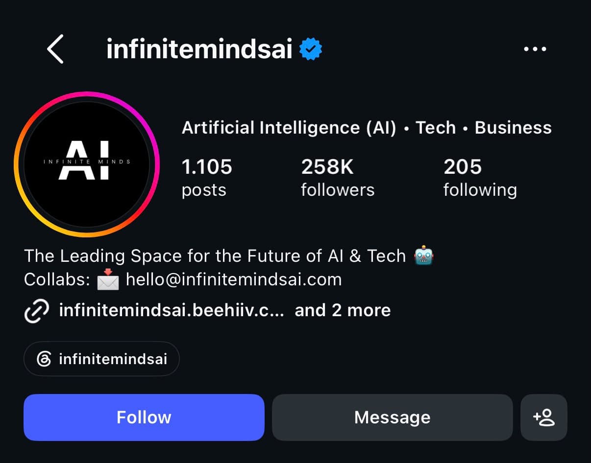 @infinitemindsai Instagram profile, verified, with 258K followers