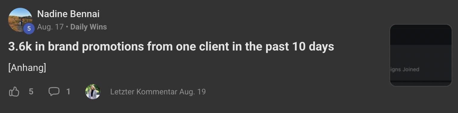Skool post from Nadine Bennai: 3.6k in brand promotions from one client in the past 10 days